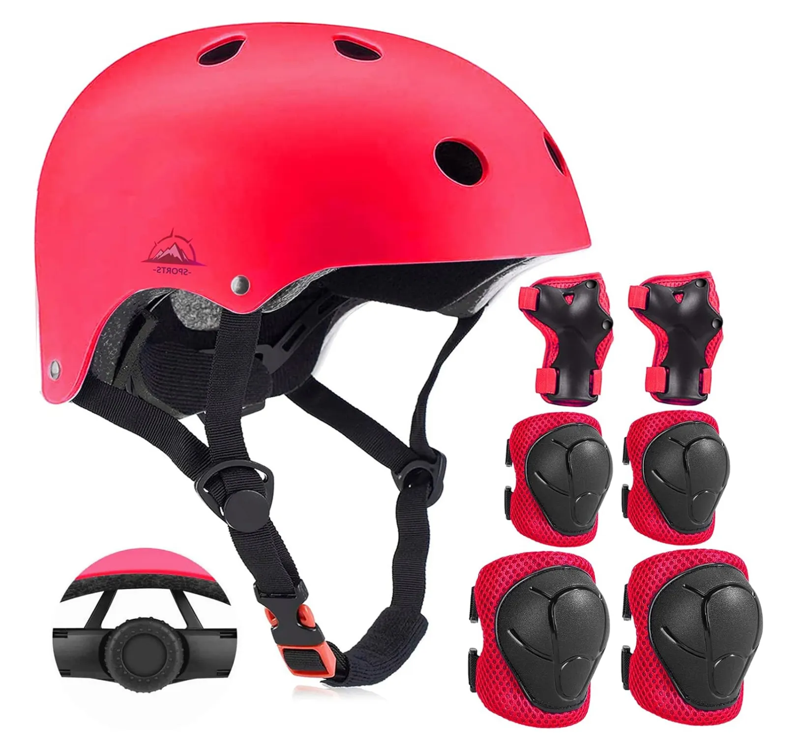 Kids Helmet Red with Knee Pad, Elbow Pads & Wrist Guards
