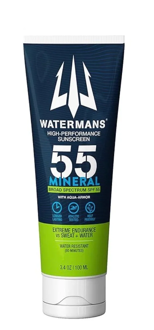 Watermans Mineral SPF 55 Sunscreen with Zinc, Aqua-Armor, Broad Spectrum Sunscreen for Face and Body, Reef Safe Sunscreen, Water Resistant, Mineral Sunscreen