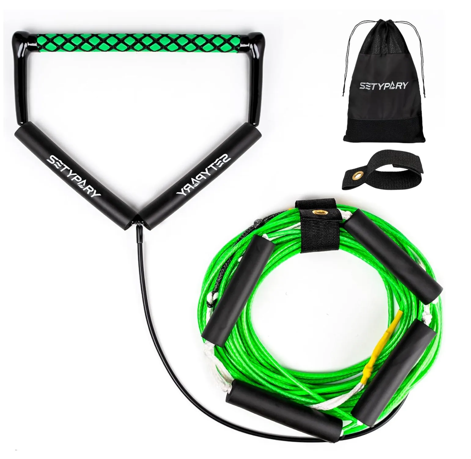 75FT No Stretch Dyneema Wakeboard Rope and Handle, Green 4 Sections Floating Wakeboard Tow Rope Water Ski Ropes for Wakeboarding