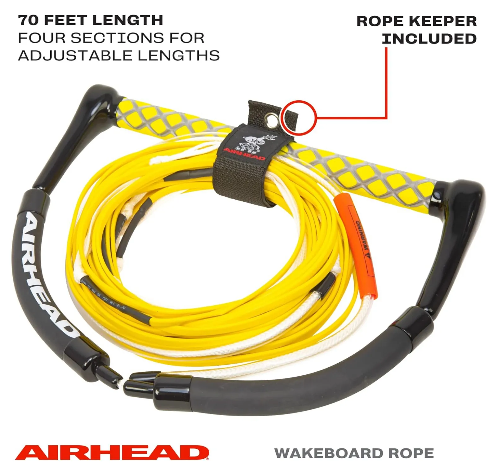 AIRHEAD Dyneema Flat Line Wakeboard Rope Yellow, 4 Sections, 70-Feet