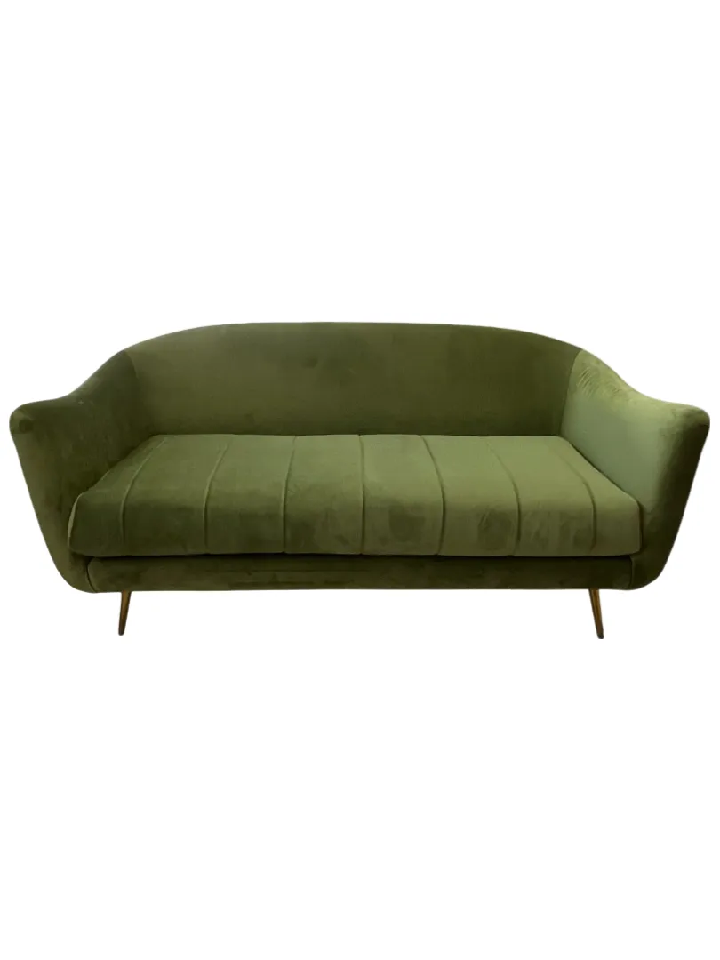 SOFÁ VELVET VERDE OLIVA CON COSTURAS VERTICALES (INCLUYE 2 COJINES VERDES)