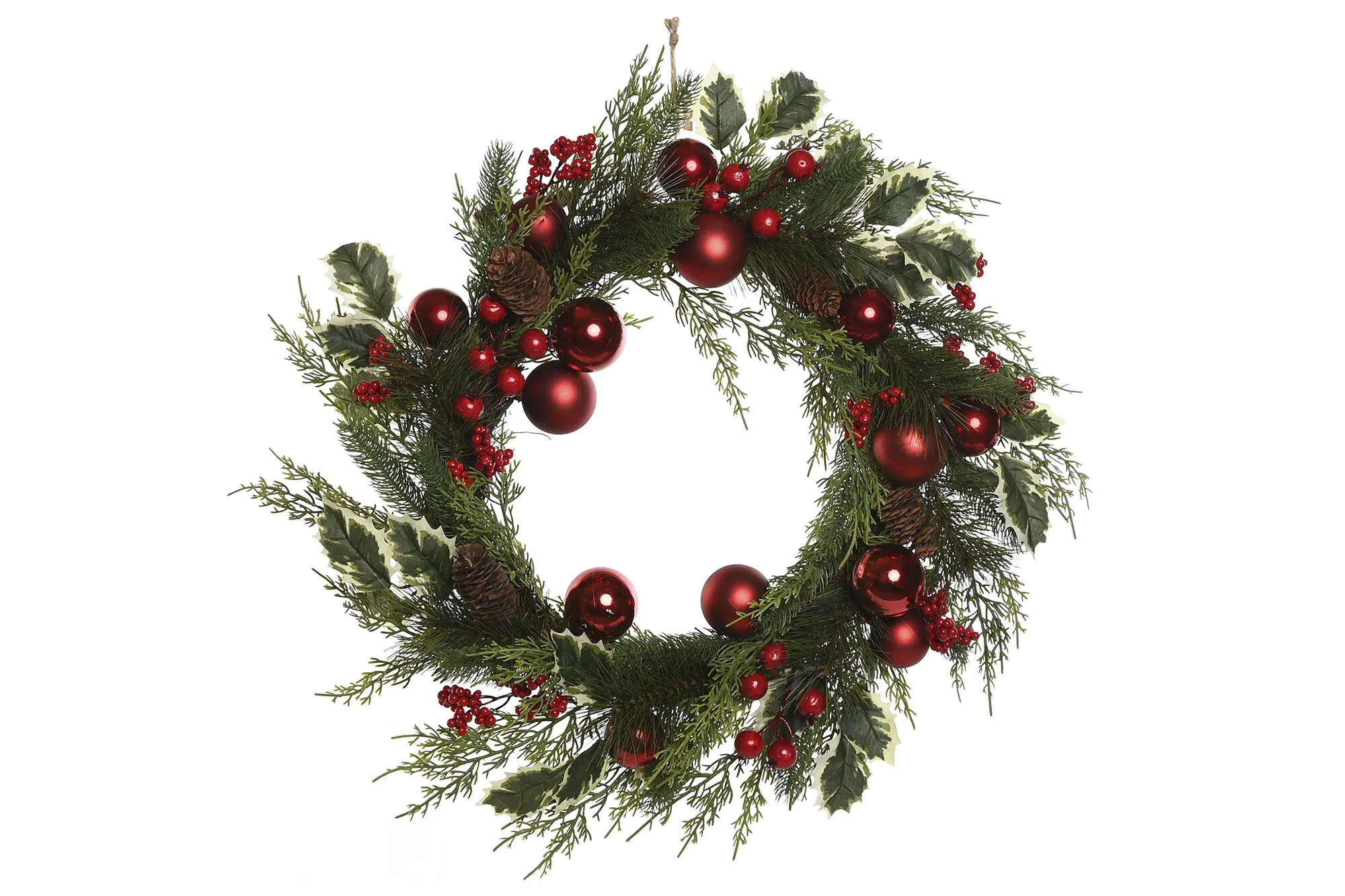 NAV017 CORONA DE POLIESTER CON BOLAS ROJAS 60X13X60