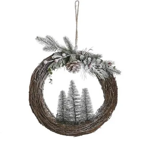 NAV031 CORONA MIMBRE PINOS NEVADOS CON DETALLES EN BLANCO 32X7X32