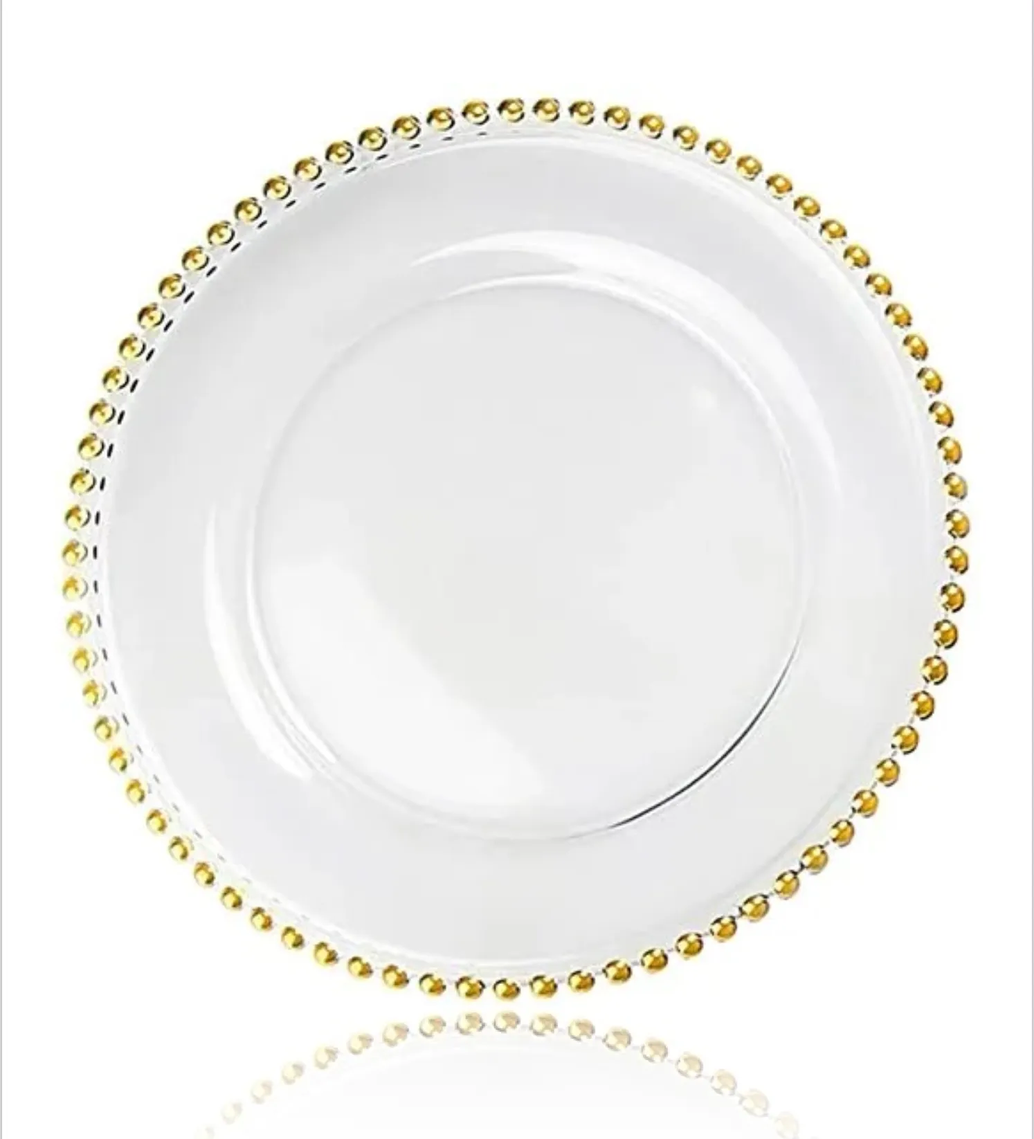 MEN003 BAJOPLATO TRANSPARENTE CON PERLAS DORADAS