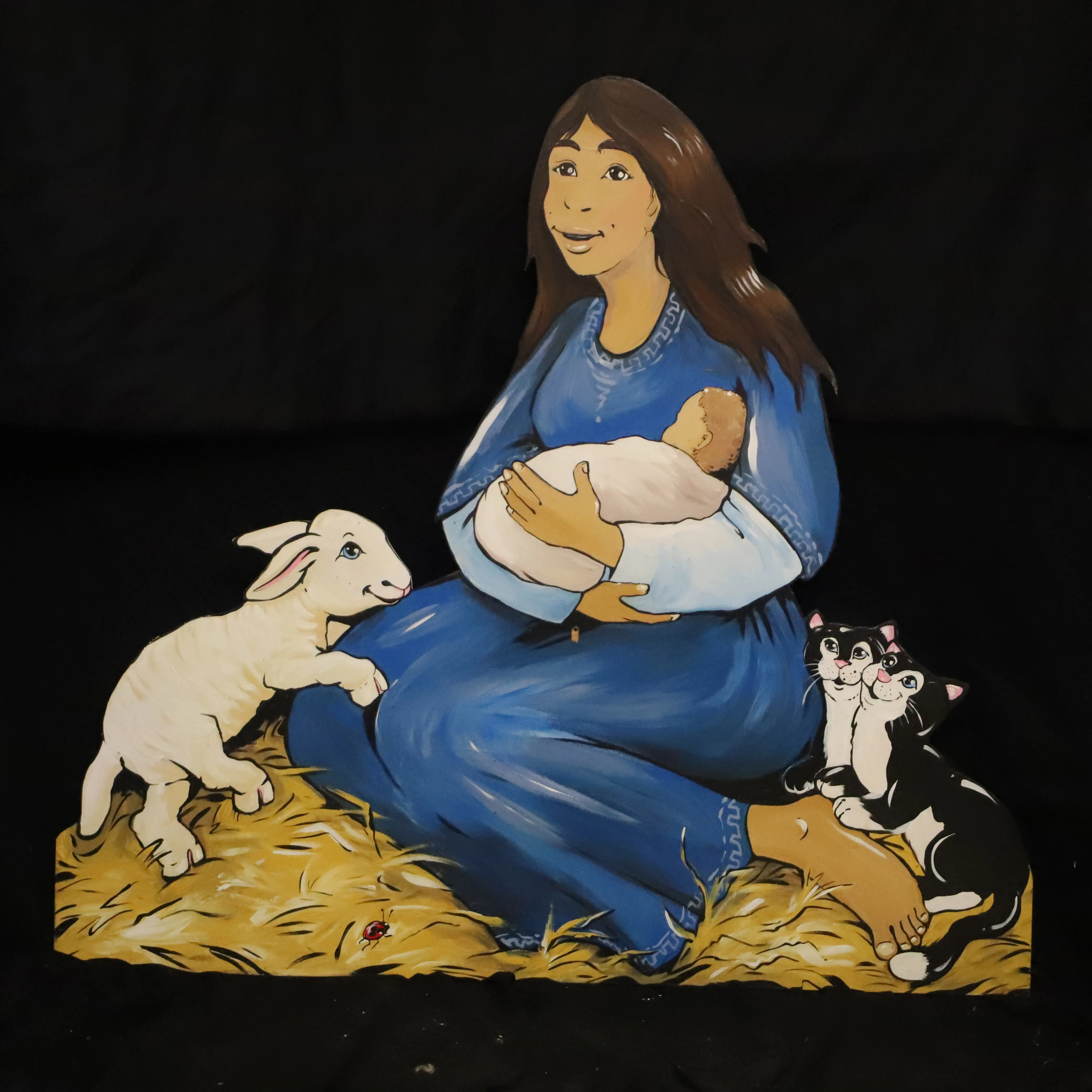 Holz Figur flach, Maria mit Jesus Baby und härzige Tiere (100cm)