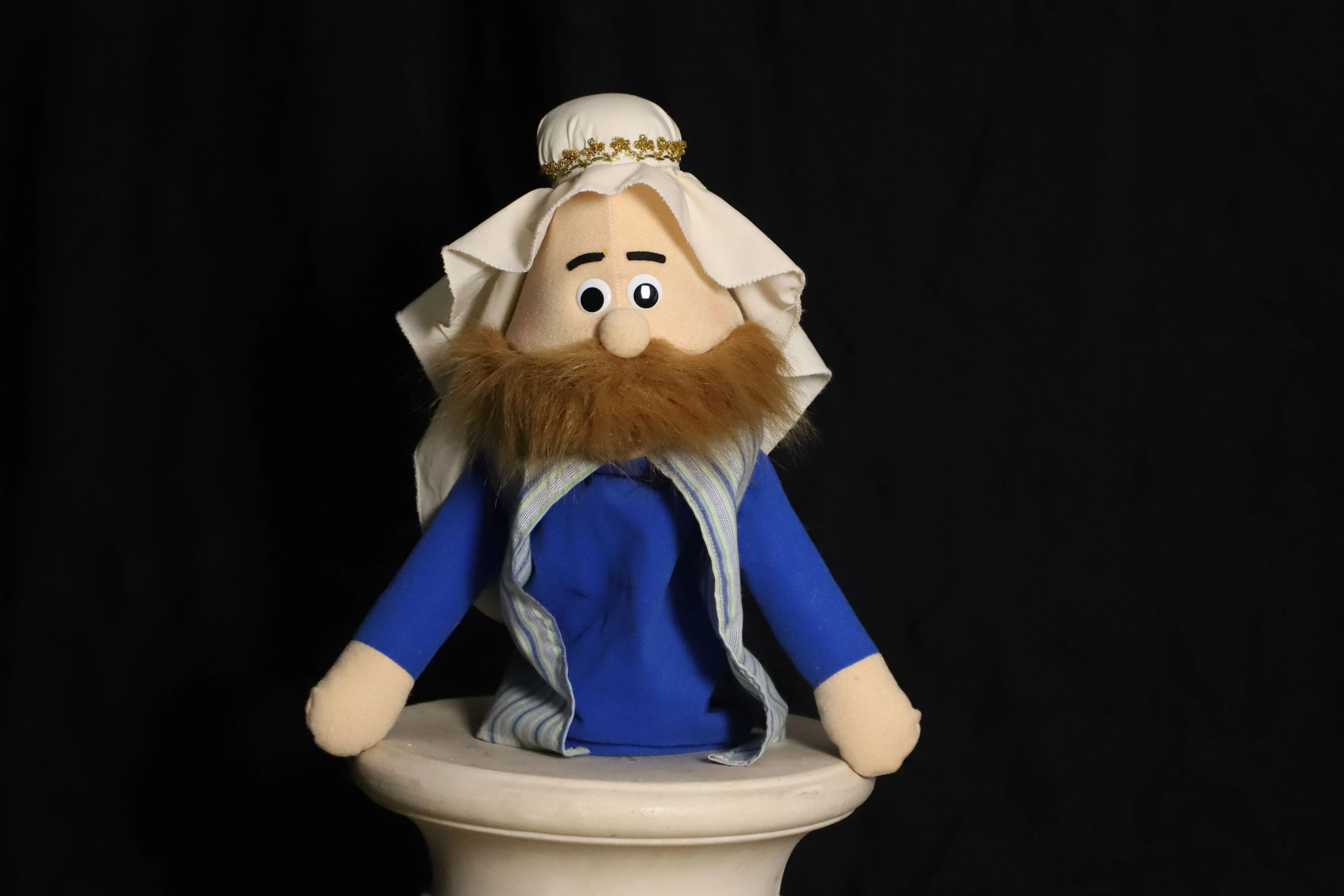 Handpuppe ( lustiger Jünger mit Kopfbedeckung und blaue Kleidung )