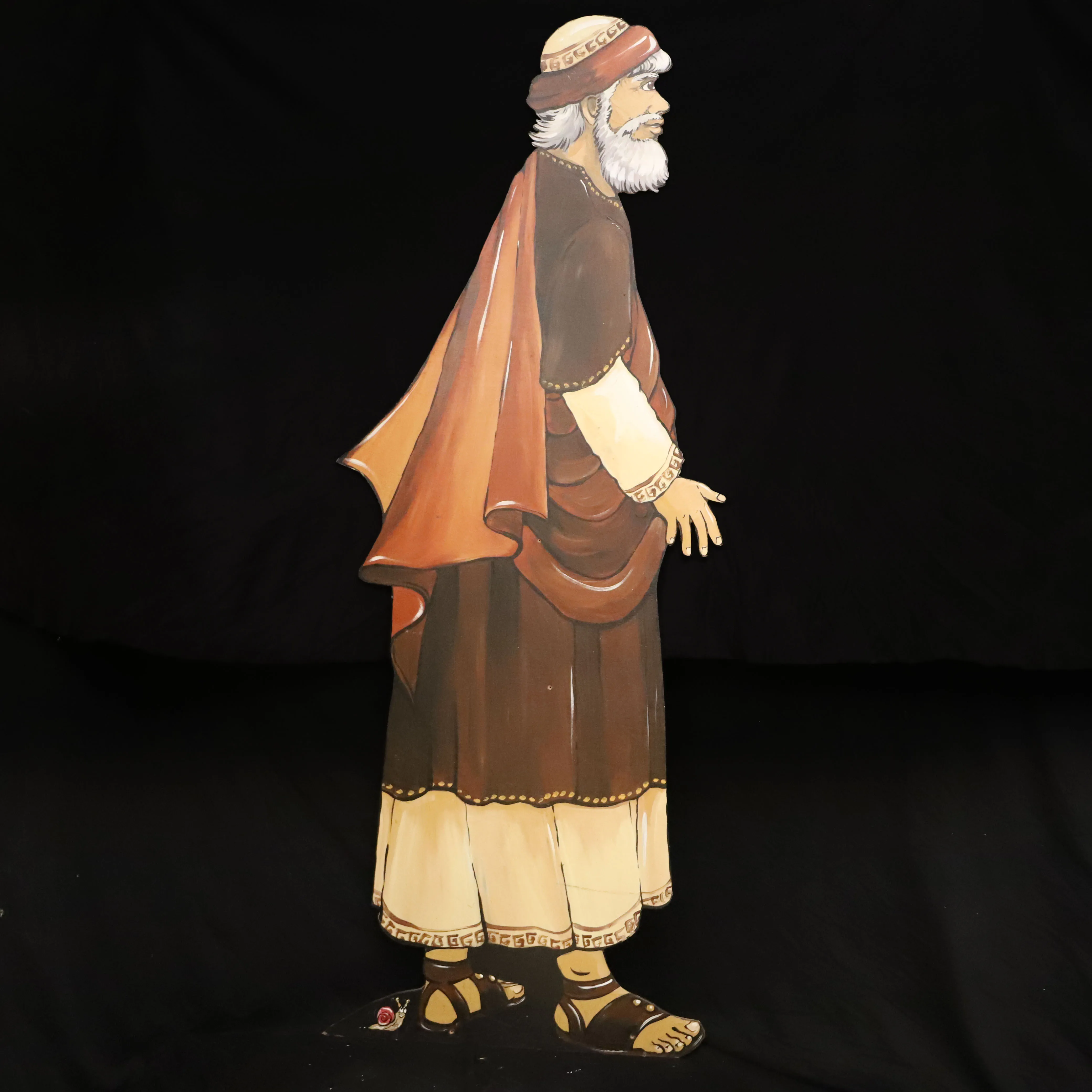 Holz Figur flach, älterer Mann mit orangem Umhang (167cm)
