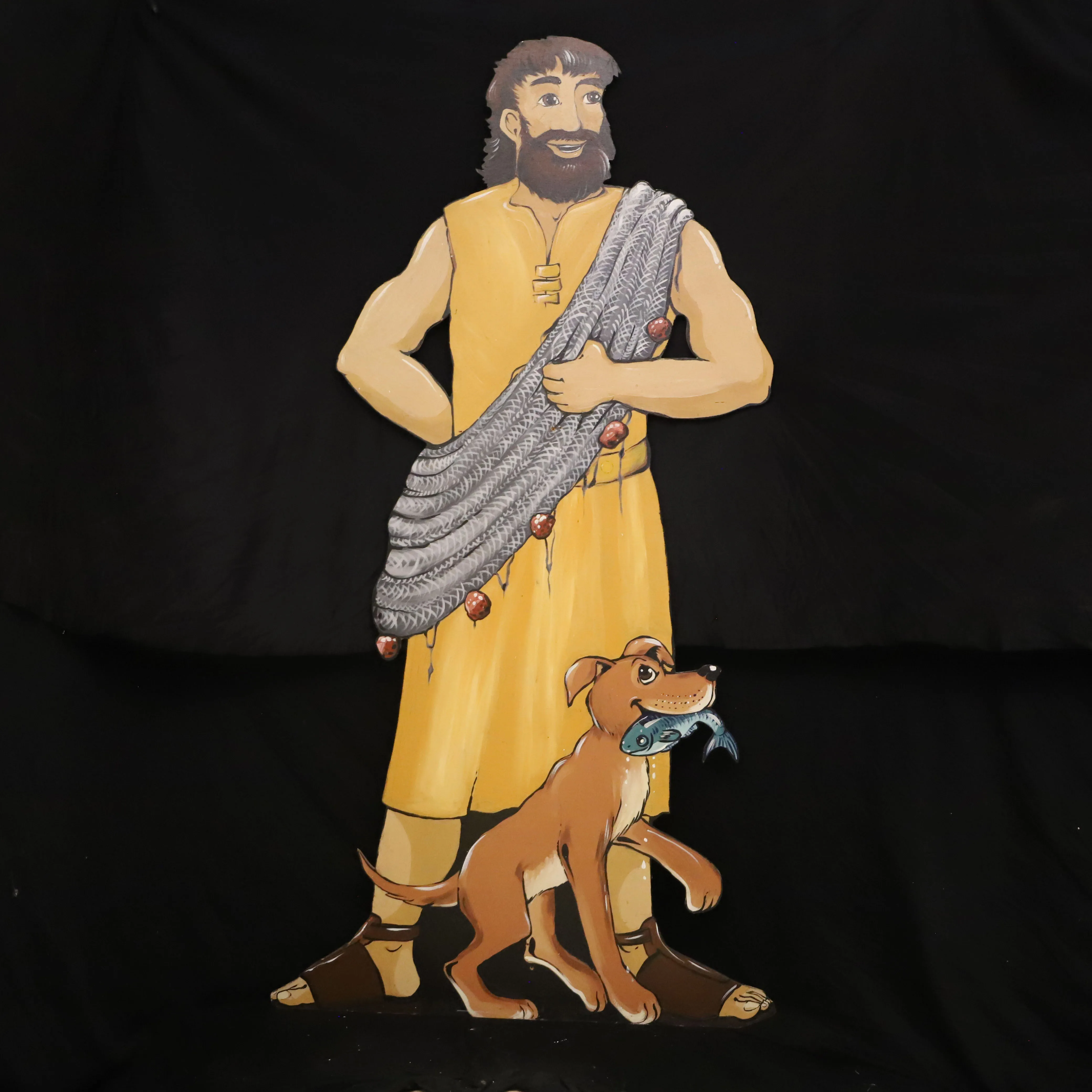 Holz Figur flach, Petrus / Jünger mit Fischernetz und Hund (167cm)