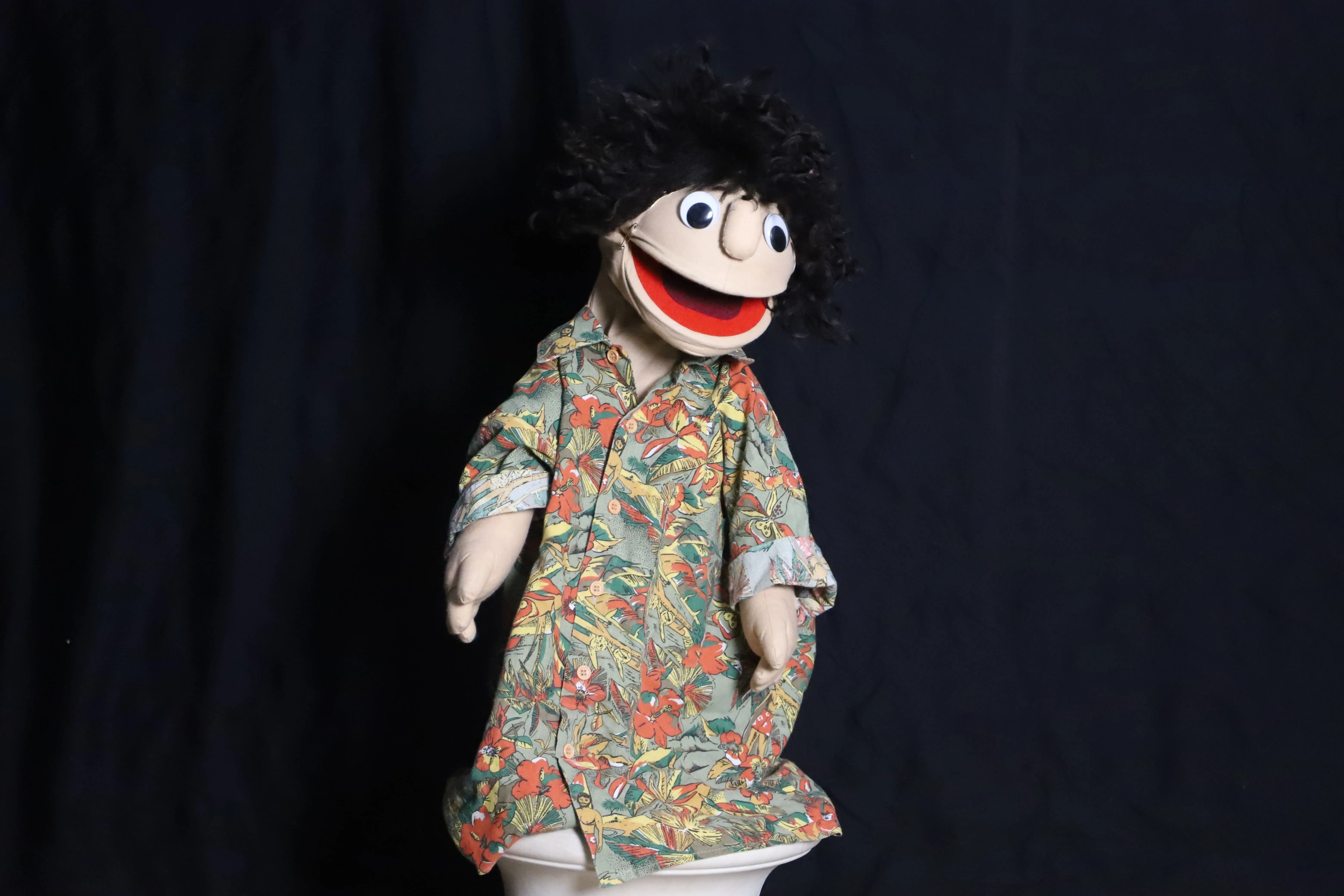 Handpuppe ( lustige Puppe mit schwarzen Haaren und farbigem Hemd )