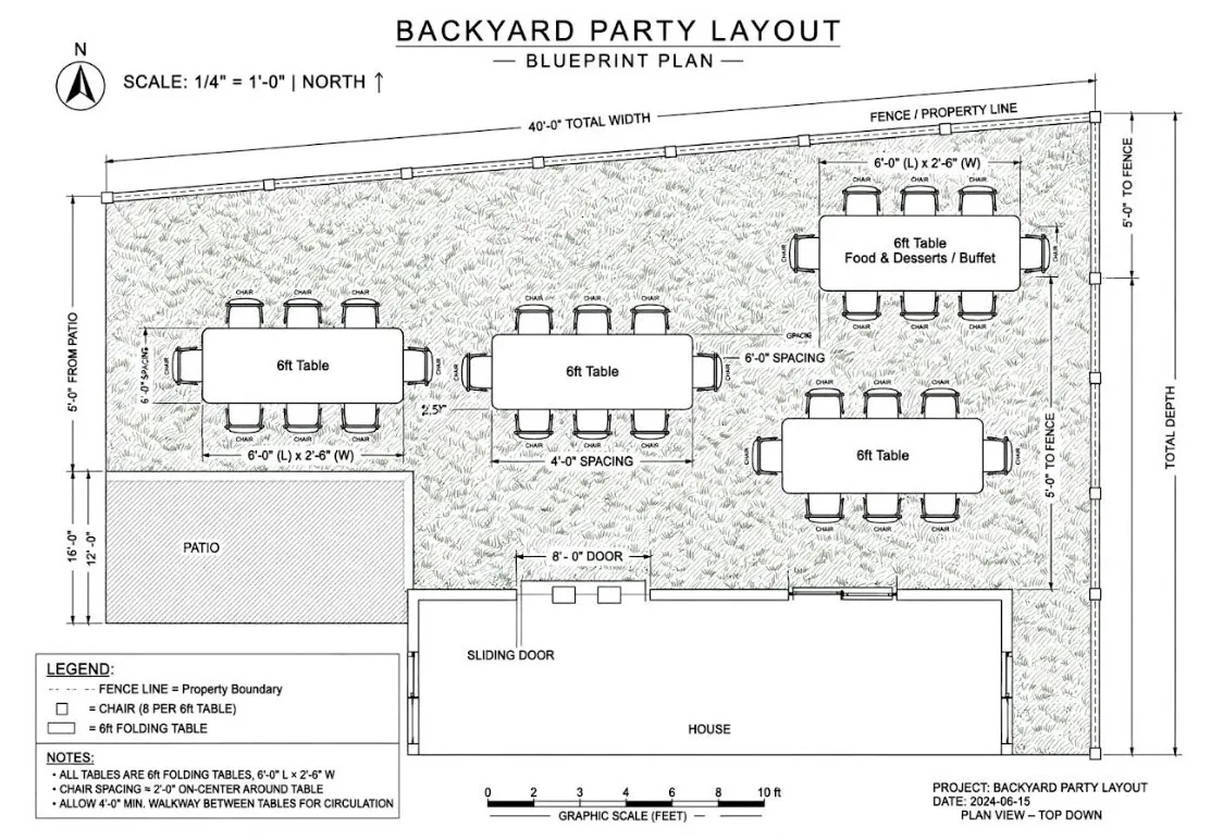 Backyard party layout showing tables, chairs, and walkways arranged for comfortable guest movement.