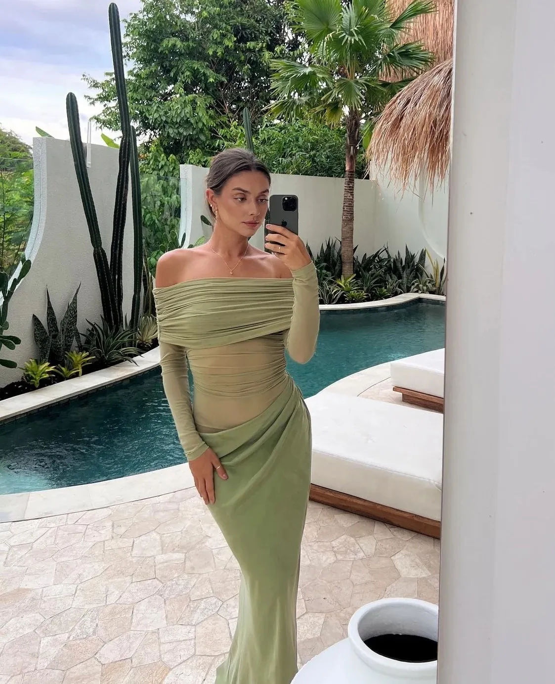 BENNI - Yasmin Off Shoulder Maxi Dress in OLIVE