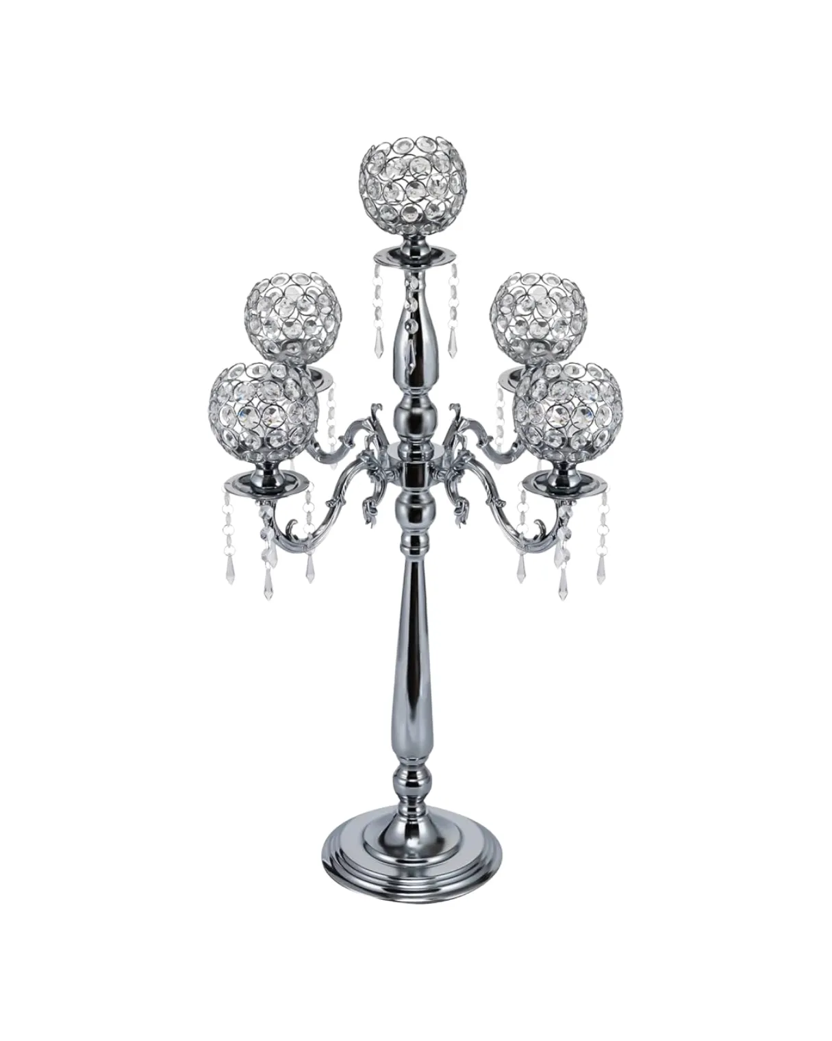 5 Head Silver Crystal Globe Candelabra Centerpiece