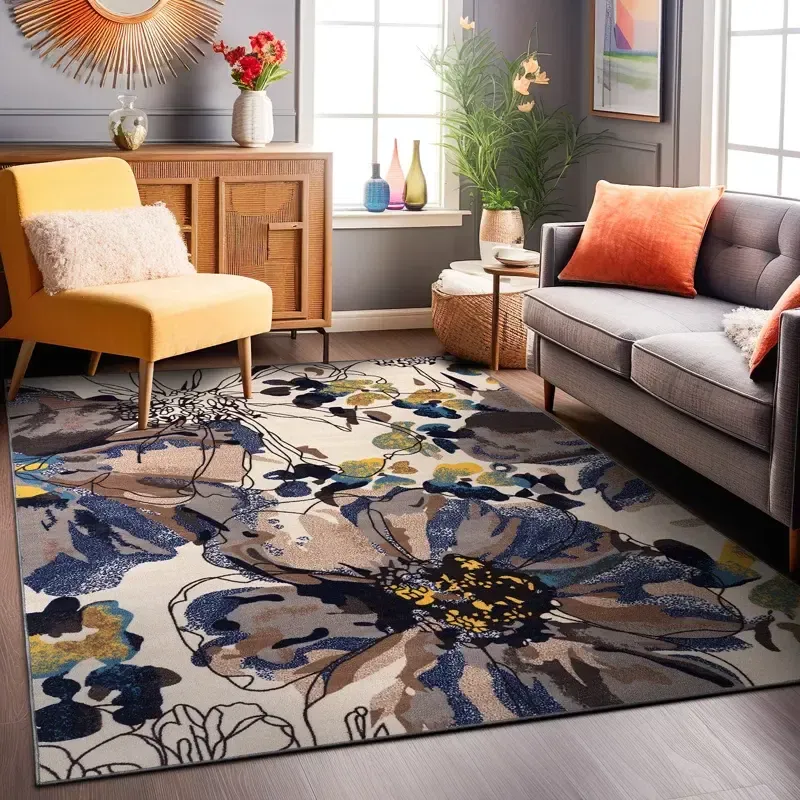 Dichiera Floral Brown/Navy/Cream Non-Slip Rubberback  Rug 7x10