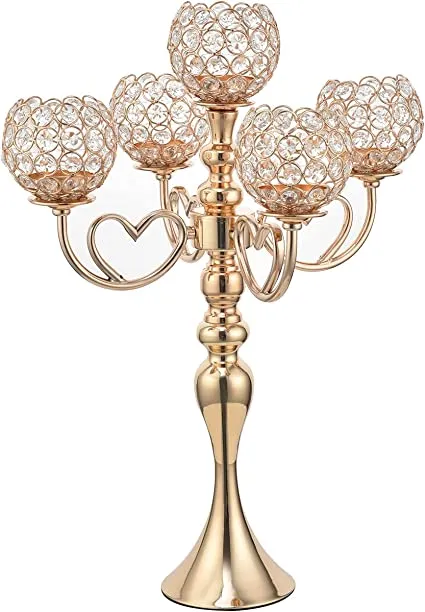Gold Crystal Candle Holders 5 arm Candelabra Centerpiece 