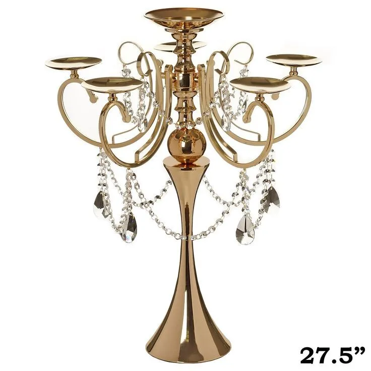 Gold Metal 5 Arm Candleabra Votive Candle Holder w/ Hanging Crystal Drops