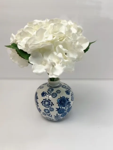 White Hydrangea with White and Blue Vase