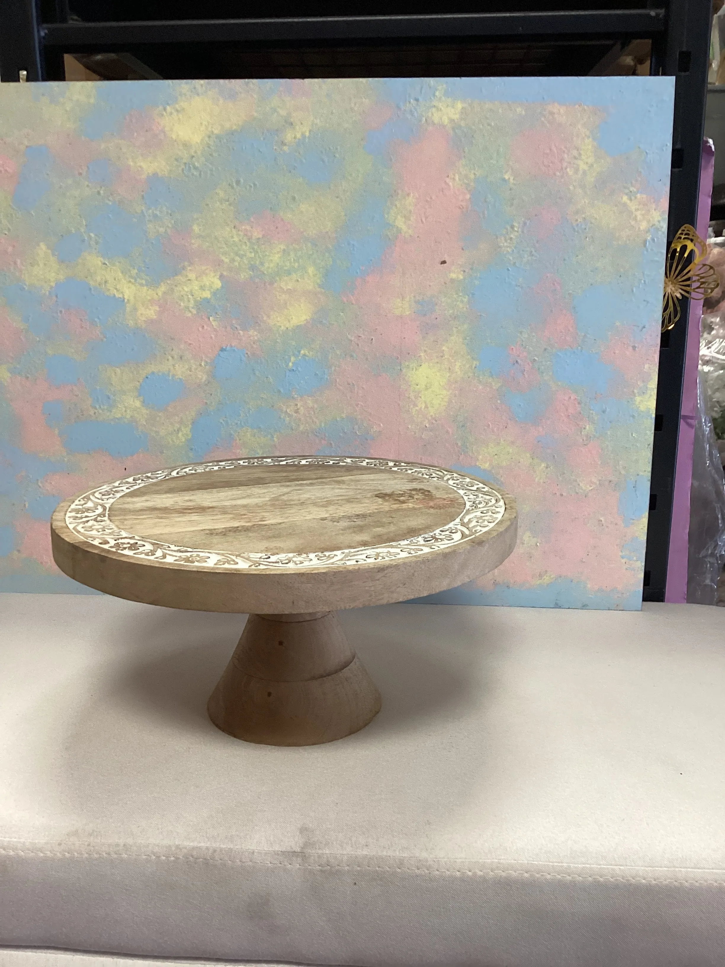 12 inch wooden dessert stand with floral design 
