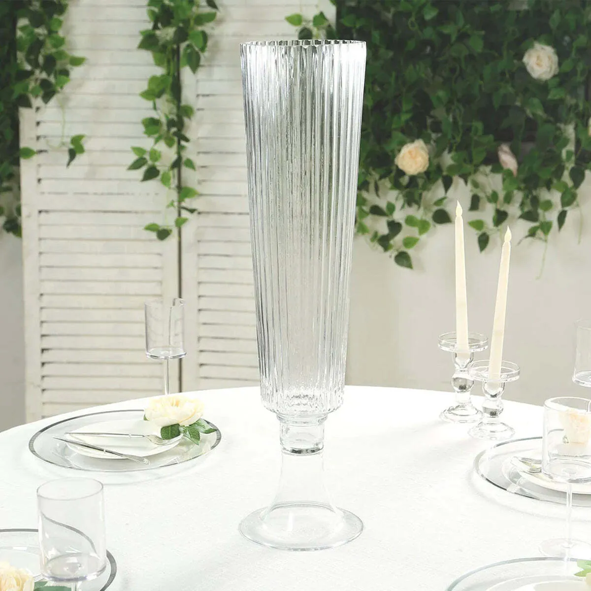 Glass Trumpet Vases Ribbed Design 32" Clear 