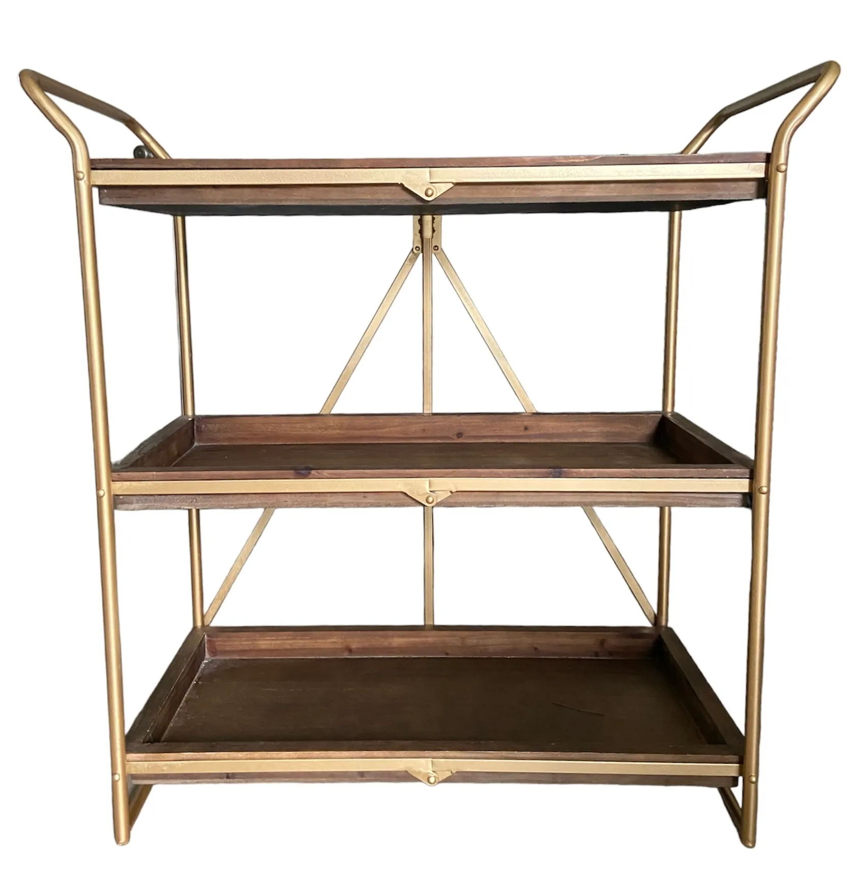 Gold Bar Cart with Wooden Shelves Collapsible