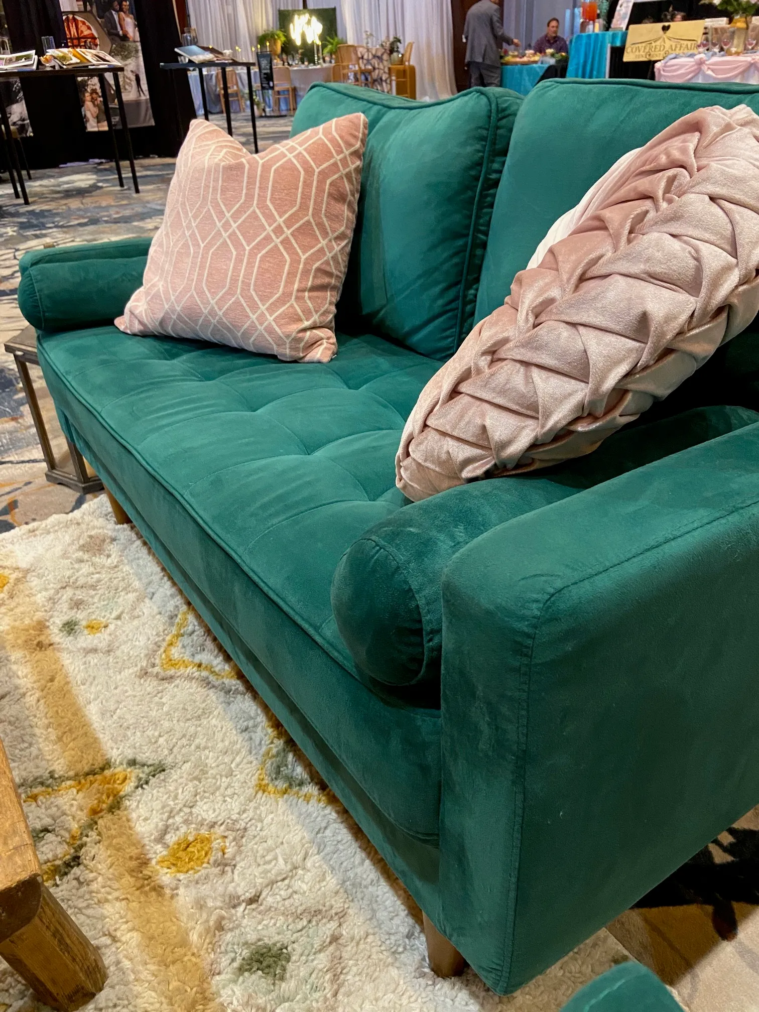 Green Velvet Sofa with Bolster Pillows