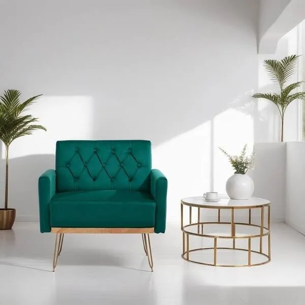 Green Velvet Accent Chair with Golden Feet