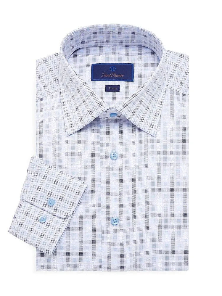 David Donahue Light Blue and White Checkered Long Sleeve Button Down
