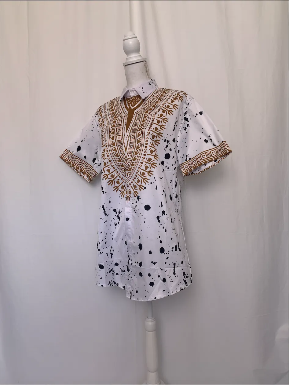 White, Black, and Gold Patterned Short Sleeve Shirt ( )