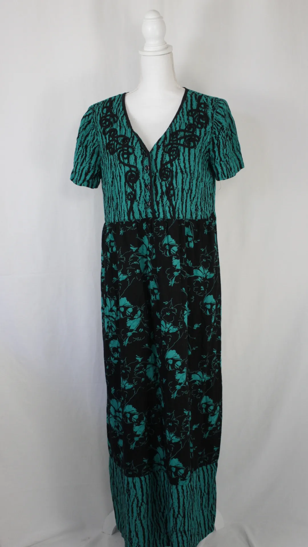 Turquoise and Black Dress -  patterned with buttons (large) 