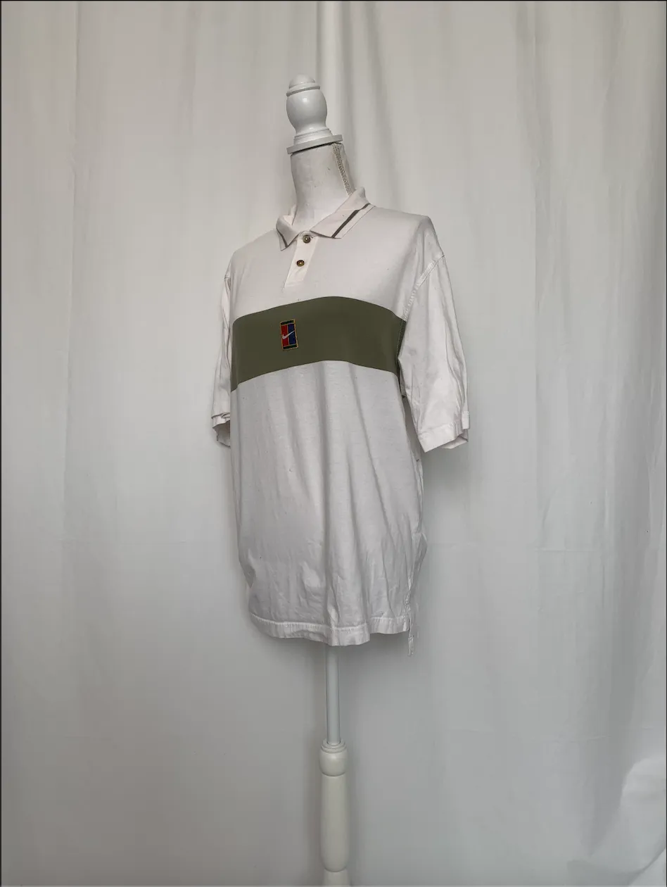 White Polo Shirt With Green Stripe and Nike Logo - Nike (Medium)