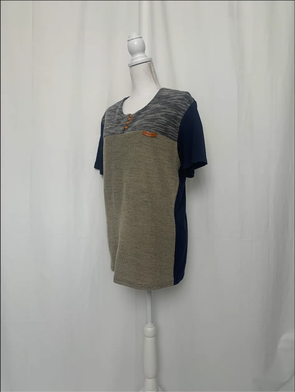 Blue, Brown, and Gray Short Sleeve Henley Shirt - Fashion Show (Large)
