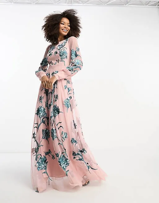 Hot Pink Embroidered Floor Length Dressing Gown