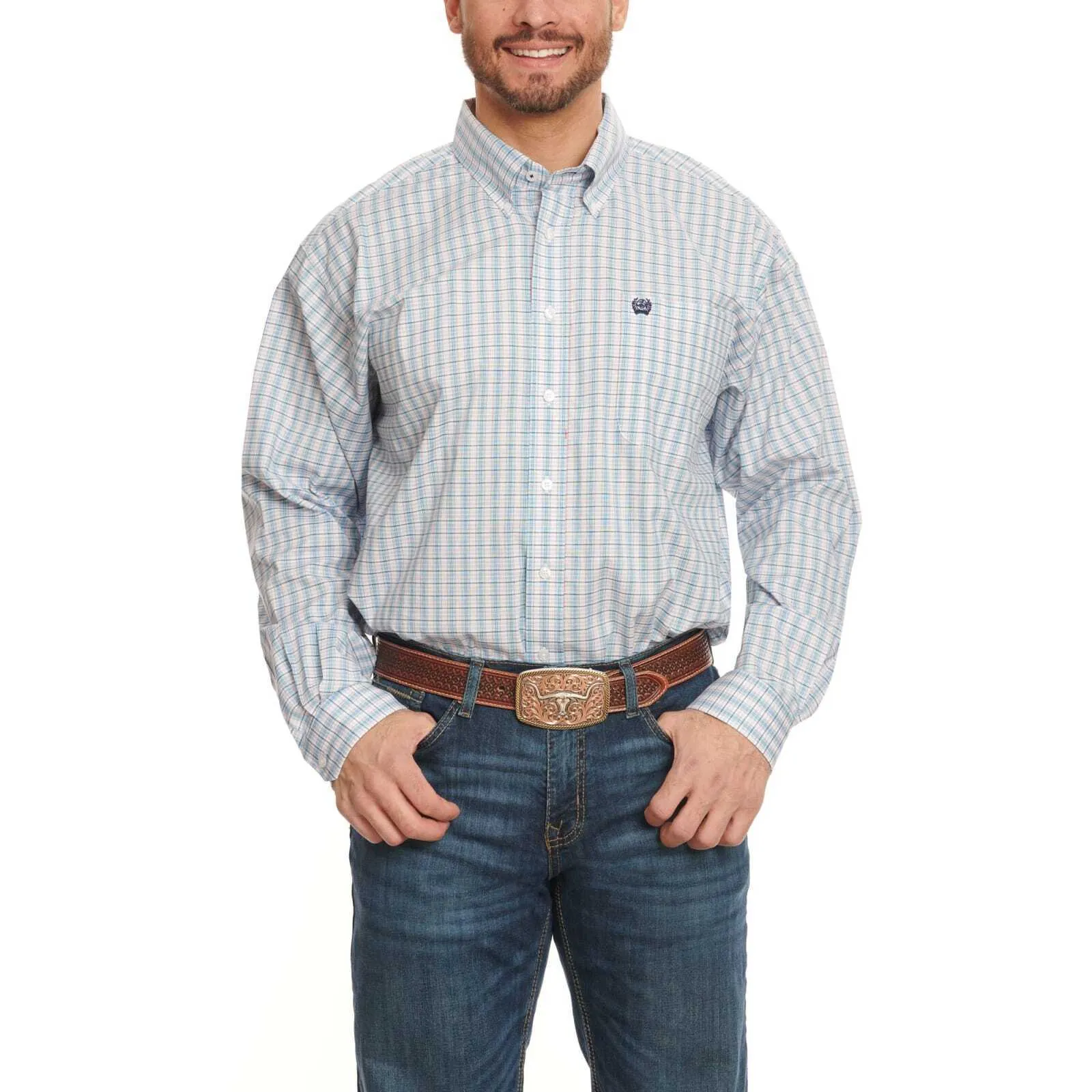 Blue and Red Plaid Long Sleeve Button Down 