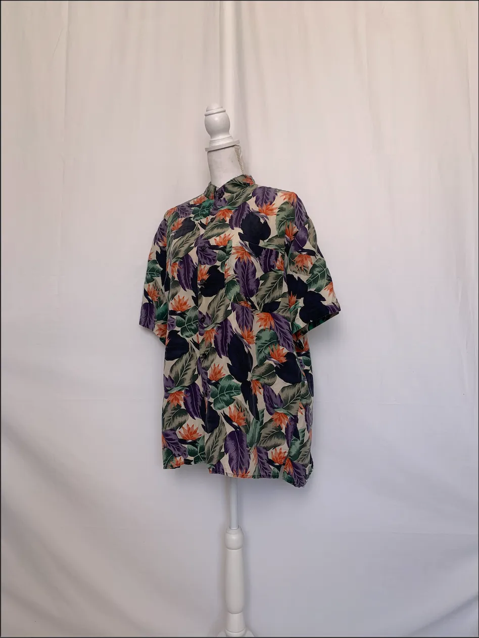 Multicolor Floral Short Sleeve Band Collar Shirt - Bill Blass (Large)