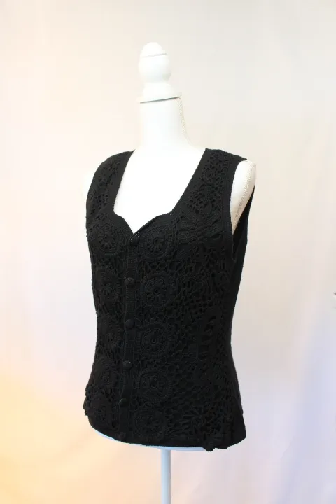 Black Crochet Vest - Knit Button-up ()