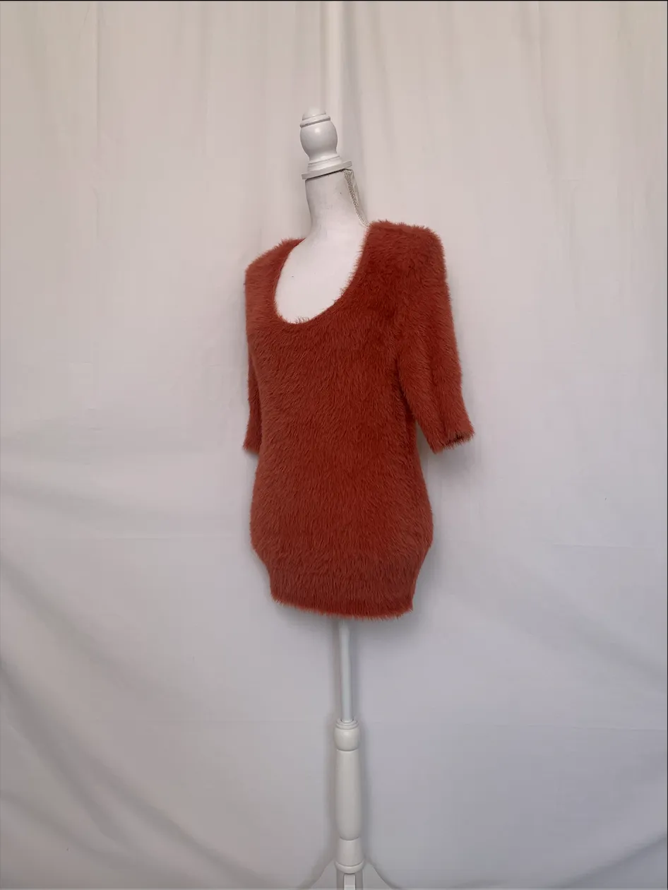 Deep Salmon Fuzzy Scoop Neck Sweater  - Knitted & Knotted (Large)
