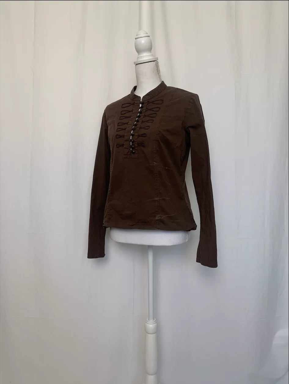 Brown Band Collar Shirt With Looped Lace Up Buttons - Odille ( )