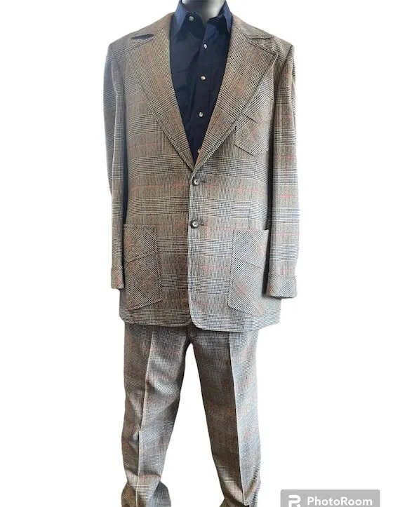 Tan, Burgundy, and Green Plaid, 1970's Style Wool 2pc. Suit