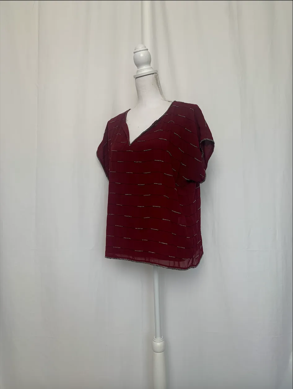 Maroon and Black Striped Top With Metallic Beads - Michael Stars (Medium)