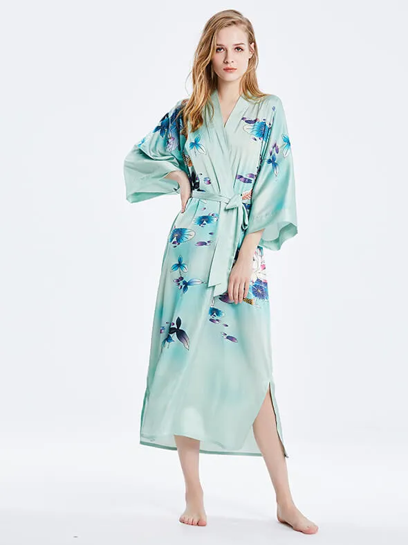 Lime Green and Blue Floral Satin Robe