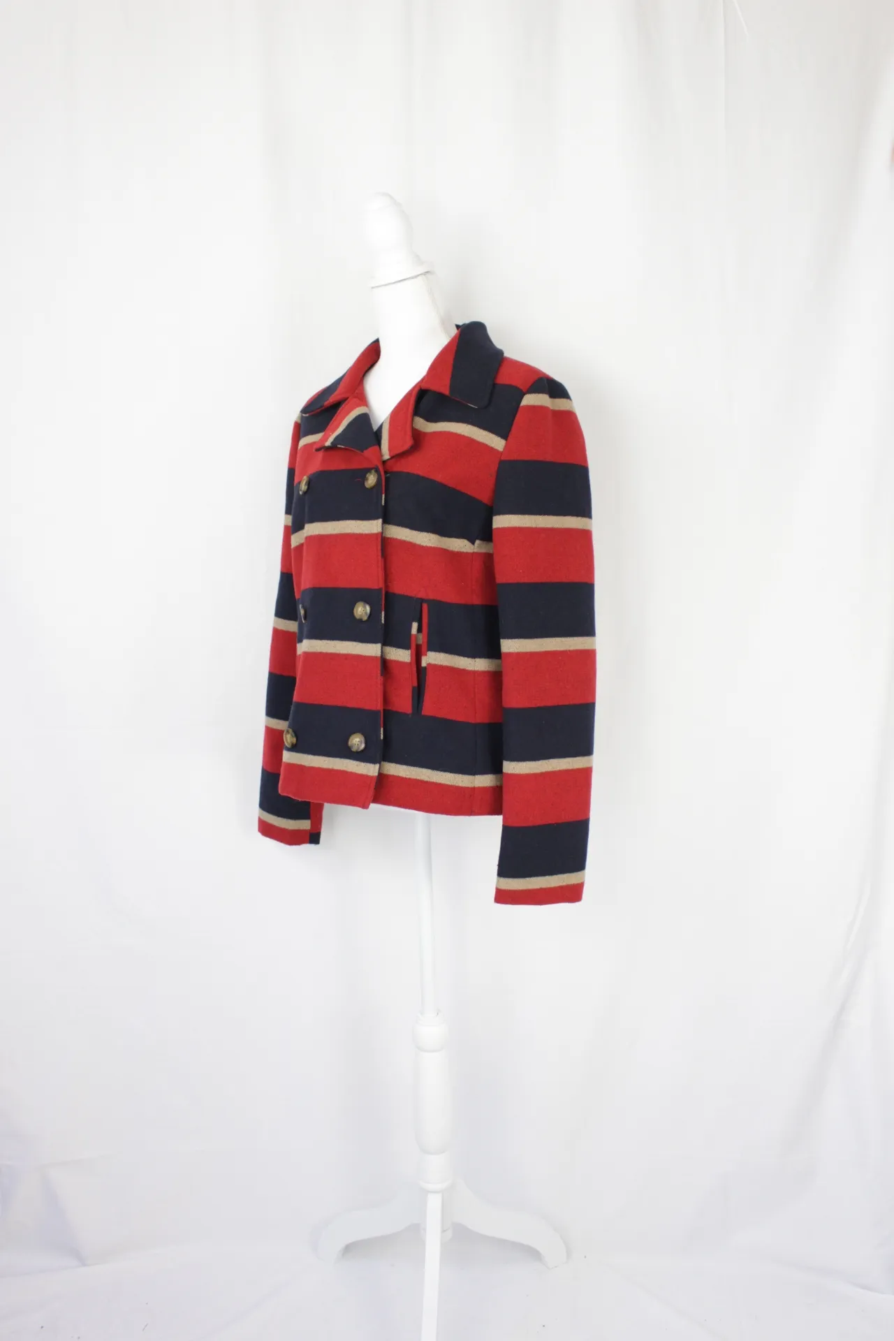 Red, Blue, and Gray Jacket - Striped, Double-Breasted (medium)