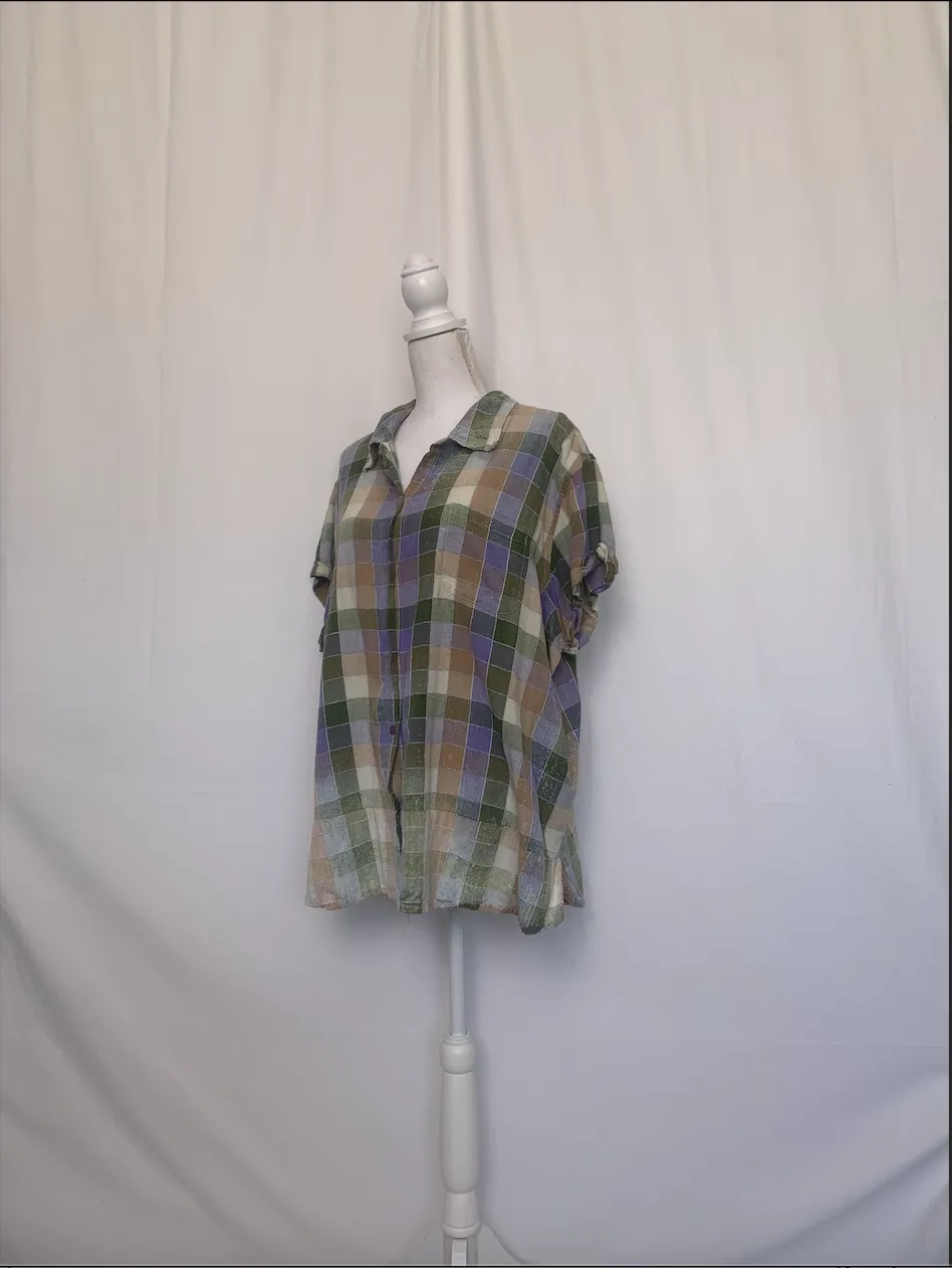 Multicolor Green Square Patterned Short Sleeve Shirt - Bill Blass ( )
