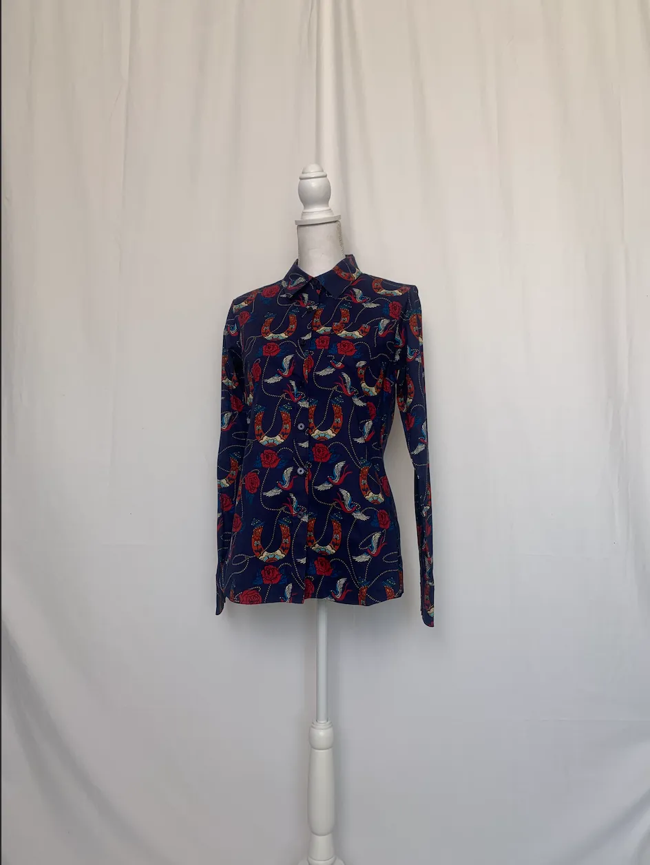Blue and Red Horseshoe Patterned Shirt - Ariat Real (Medium)