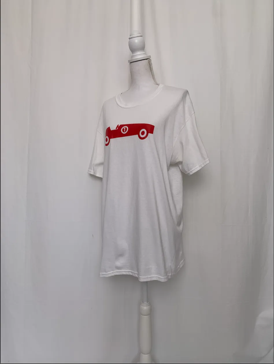 White T-Shirt With Red Race Car Graphic - Gildan (Large)