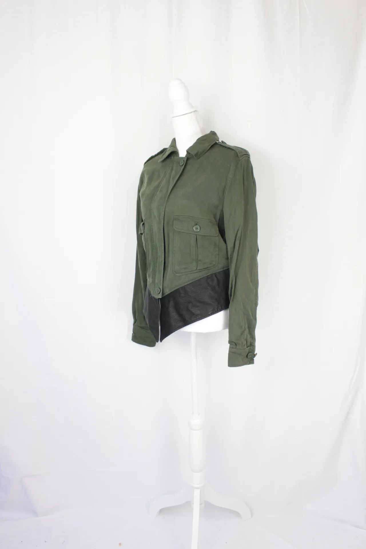 Army Green Jacket - Leather bottom Trim (medium)