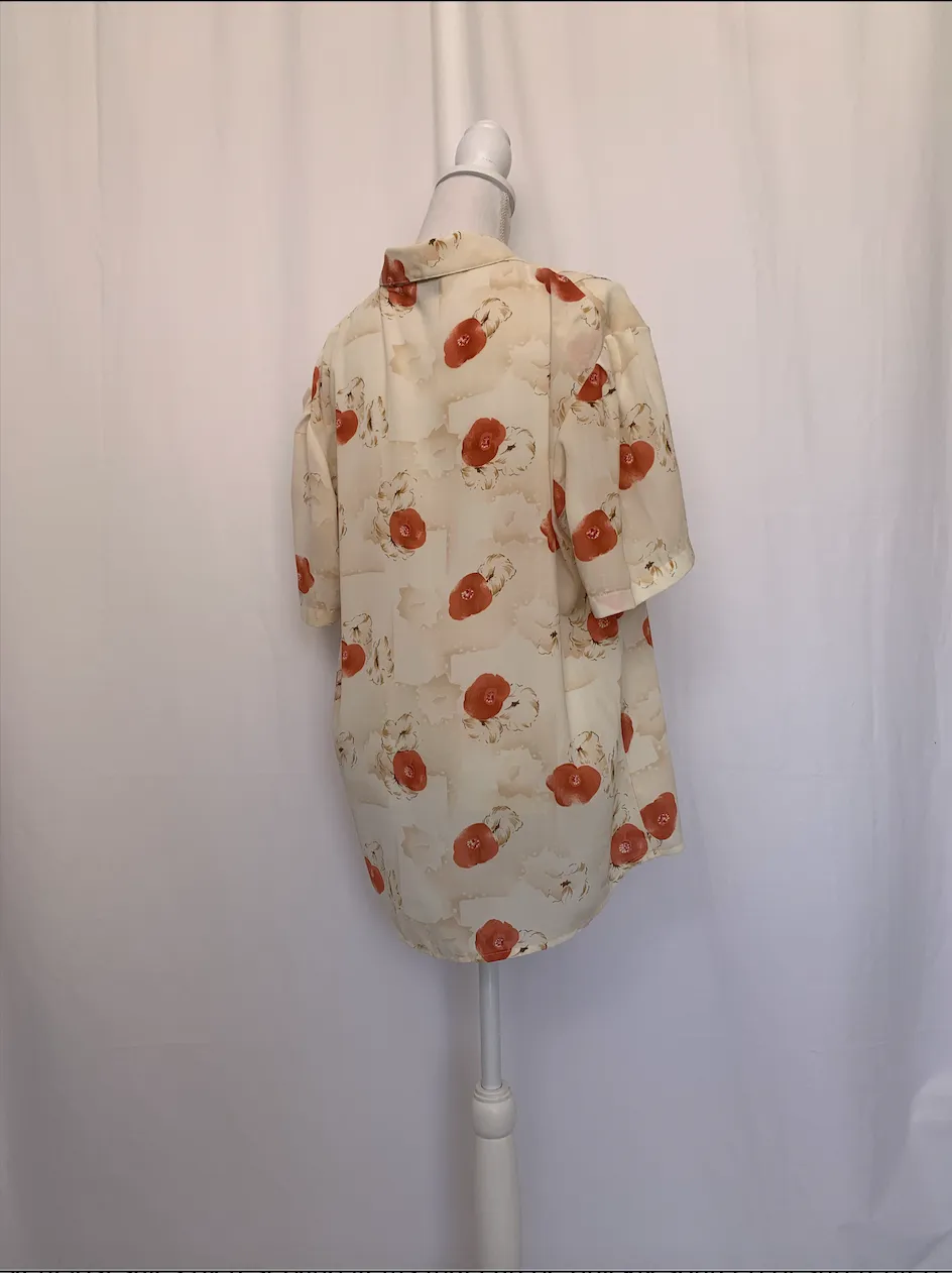Off-White Short Sleeve Shirt With Orange Floral Pattern - Caifeng ( )