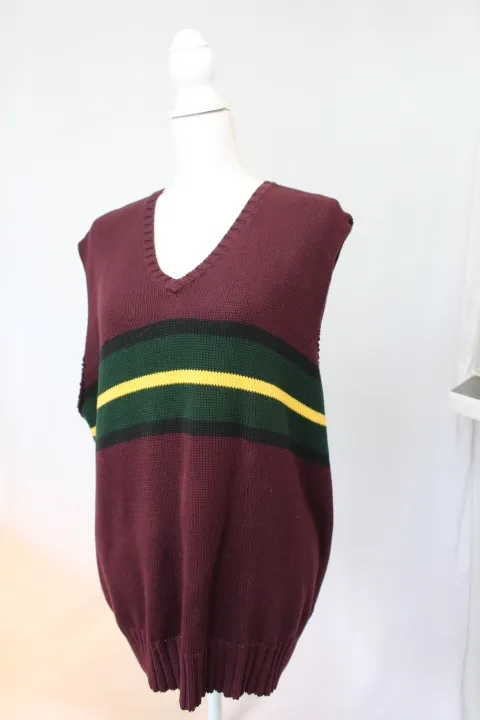 Maroon Sweater Vest - V-Neck with Green and Yellow Stripes ()