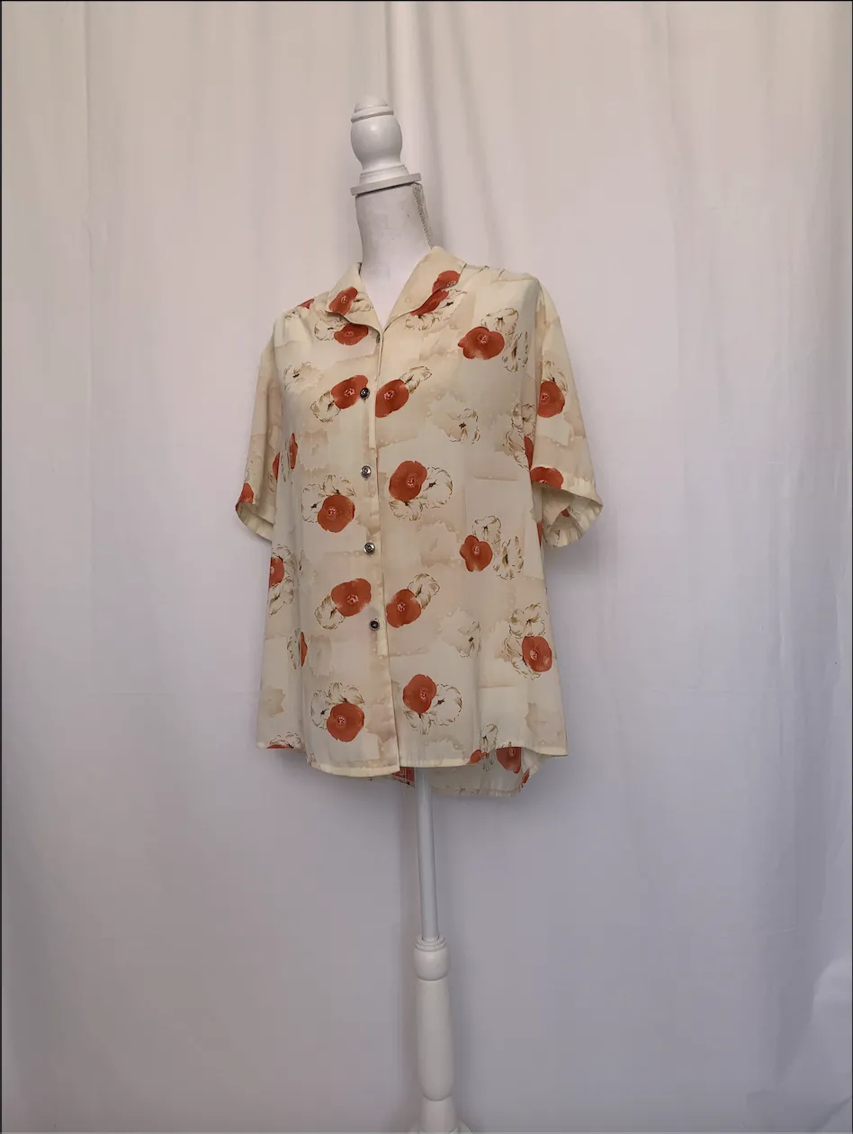 Off-White Short Sleeve Shirt With Orange Floral Pattern - Caifeng ( )