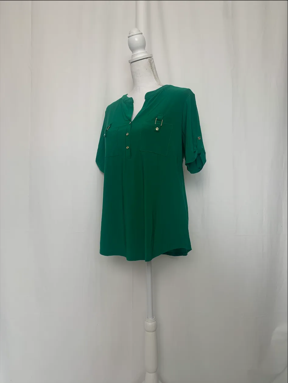 Green Band Collar Short Sleeve Shirt - Perseption Concept (Large)