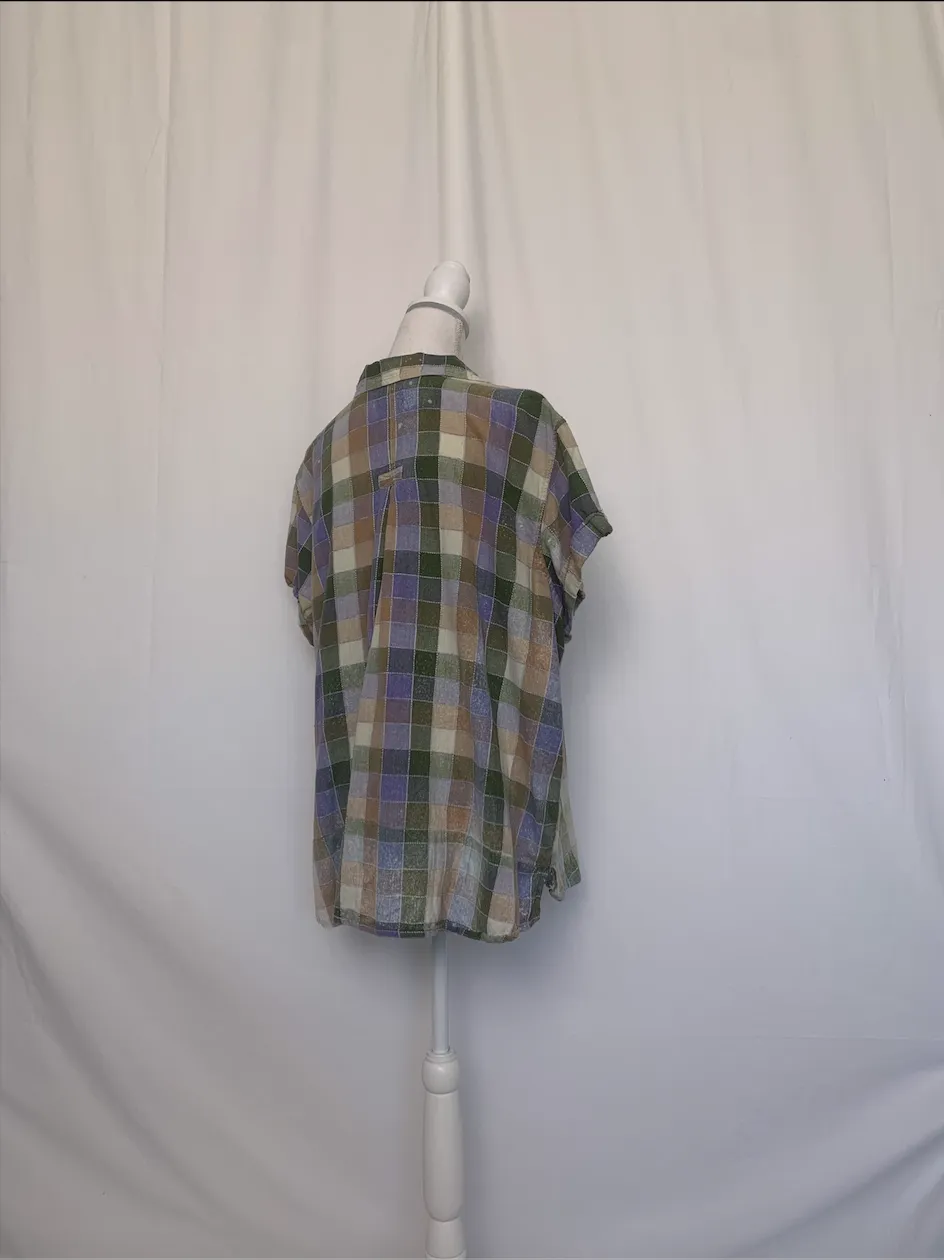 Multicolor Green Square Patterned Short Sleeve Shirt - Bill Blass ( )