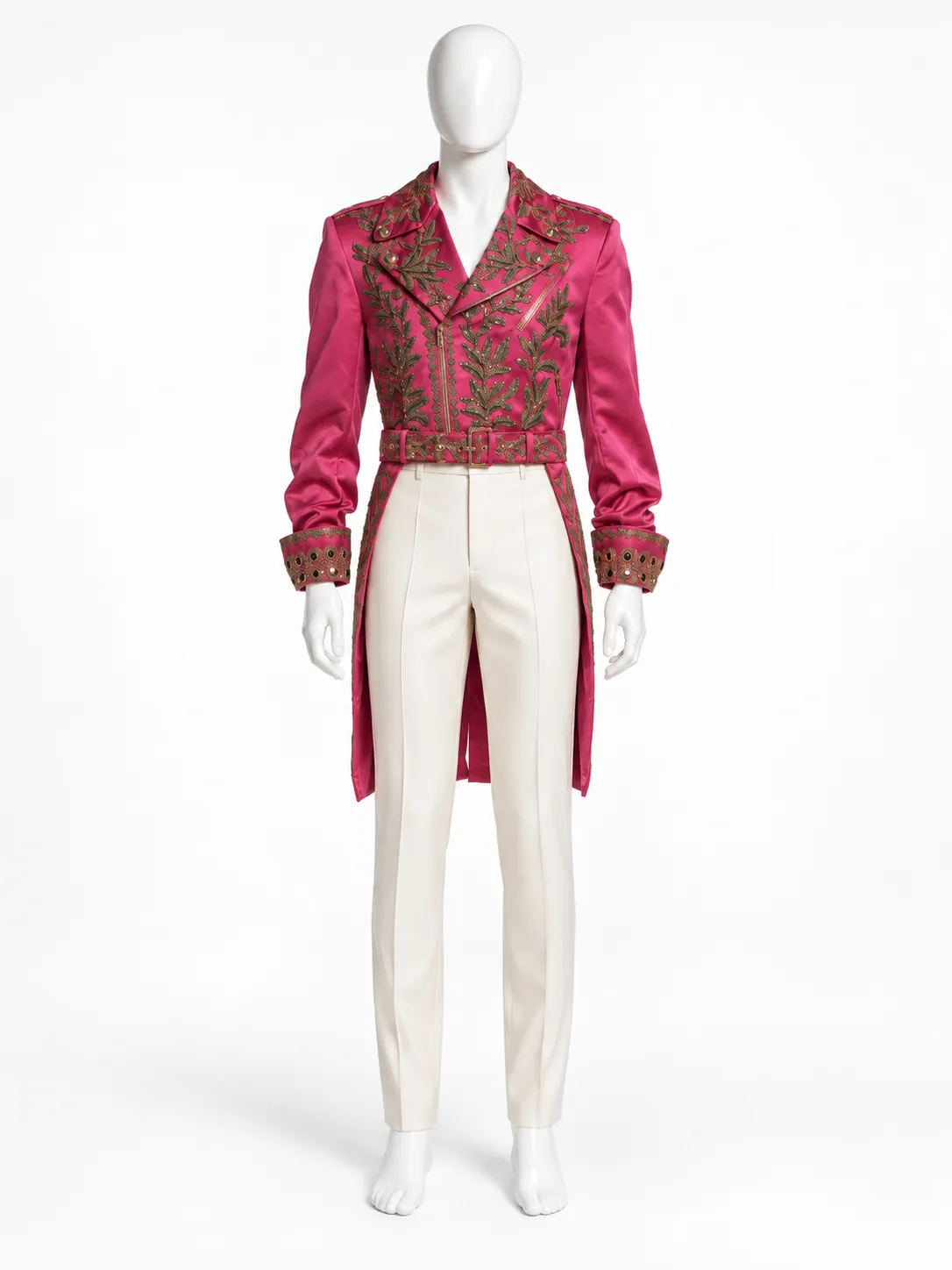 Moschino Spring 2019 Menswear Runway Look 59 Embroidered Pink Tailcoat